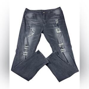 Hungson Ripped Jeans Gray Faded Men's 36 Stretch Destroyed Denim Skinny Street